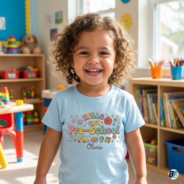 Hello Pre-School Retro Groovy Icons Personalized N Toddler T-shirt (Creator Uploaded)