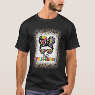 Hello Preschool Tie Dye Messy Bun Girl School Leop T-Shirt