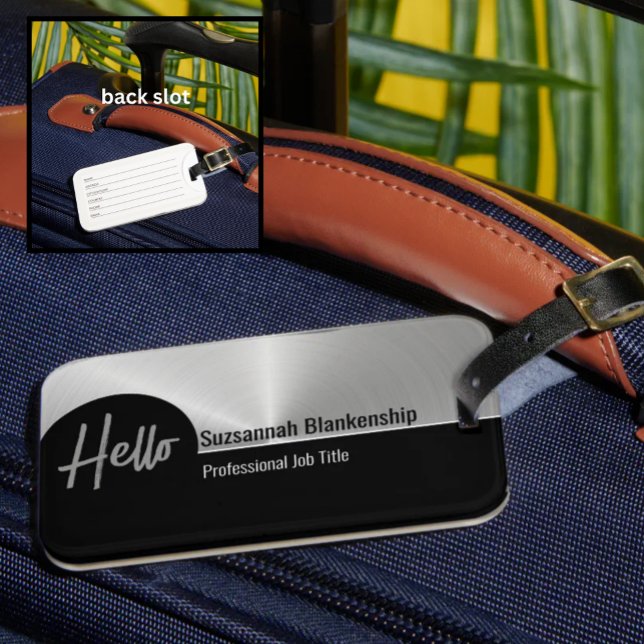 Hello Professional Faux Silver Metallic  Luggage Tag (Professional & fun luggage tag faux brushed metallic and black template.)