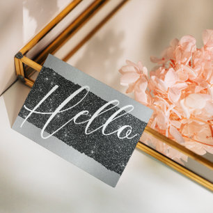Hello Professional Modern Script Black Glitter Business Card