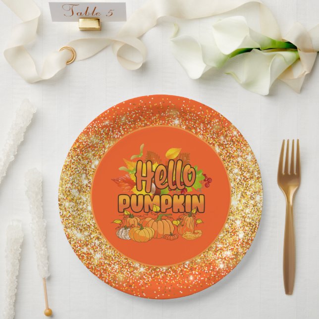 Hello Pumpkin Autumn Customize Color Paper Plates (Wedding)