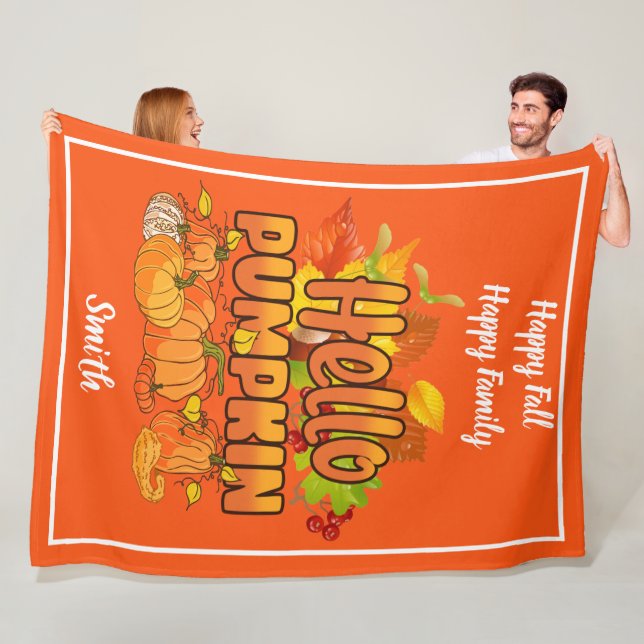 Hello Pumpkin Autumn Customize Text and Color Fleece Blanket (In Situ)