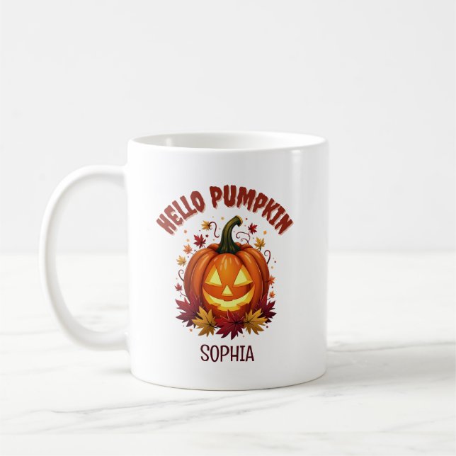 Hello Pumpkin | Autumn Leaves Personalized Coffee Mug (Left)