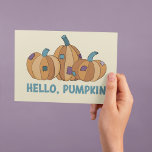 Hello, Pumpkin Blank Fall Autumn Pumpkins Postcard<br><div class="desc">This cute postcard is perfect for sending fall or autumn greetings. It features illustrations of 3 patchwork pumpkins and the slogan "HELLO,  PUMPKIN" on the front. The back of this card is blank so that you can write your own message.</div>