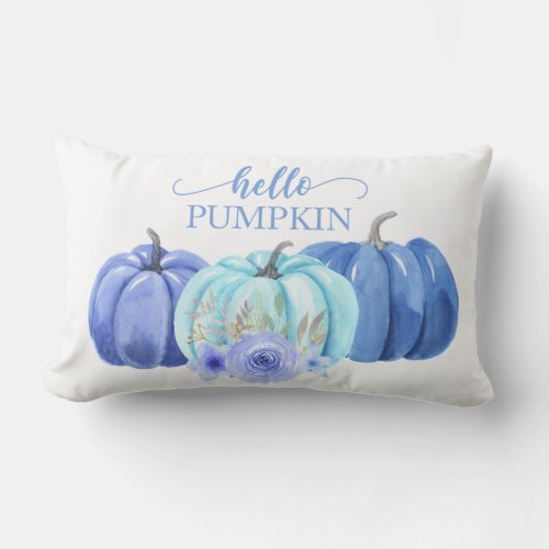 Hello Pumpkin Blue Fall Flowers Lumbar Pillow