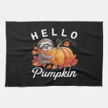 Hello Pumpkin - Cute Fall Sloth Autumn Leaves Foli Kitchen Towel