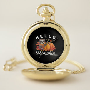 Hello Pumpkin - Cute Fall Sloth Autumn Leaves Foli Pocket Watch