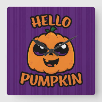 Hello Pumpkin Cute Halloween Jack-O-Lantern Square Wall Clock