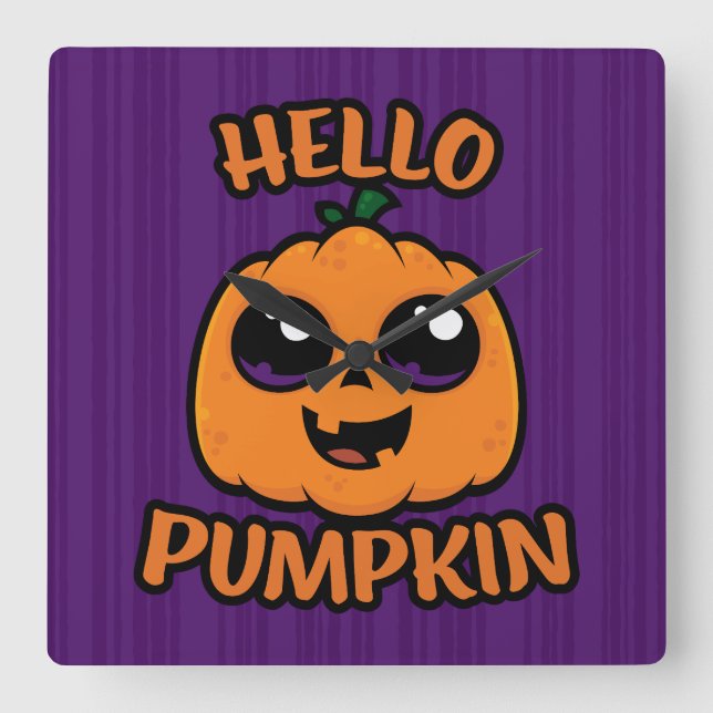 Hello Pumpkin Cute Halloween Jack-O-Lantern Square Wall Clock (Front)