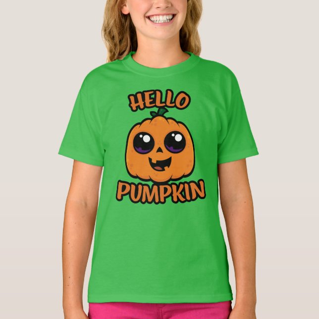 Hello Pumpkin Cute Halloween Jack-O-Lantern T-Shirt (Front)