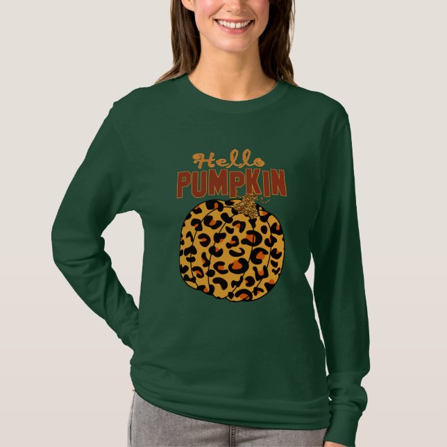 Hello Pumpkin - Fall Leopard Print T-Shirt (Front)