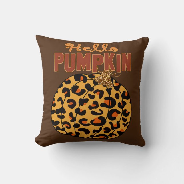 Hello Pumpkin - Fall Leopard Print Throw Pillow (Front)