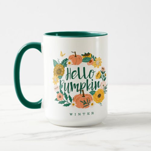 Hello Pumpkin Fall Wildflowers Butterfly Wreath Mug