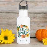 Hello Pumpkin Fall Wildflowers Butterfly Wreath Stainless Steel Water Bottle<br><div class="desc">The design features our beautiful fall blooming yellow wildflower florals and pumpkins in bight yellow, blush pink and green foliage. The wildflower floral garden and butterflies creates a beautiful fall floral pumpkin wreath, with the words "hello pumpkin" in a beautiful brush stylish script font. Personalized with name. All illustrations are...</div>