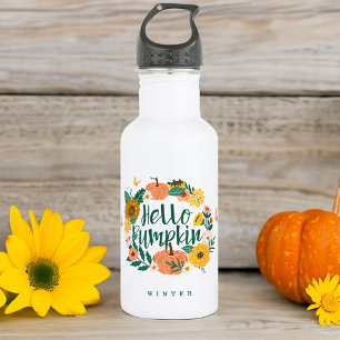 Hello Pumpkin Fall Wildflowers Butterfly Wreath Stainless Steel Water Bottle