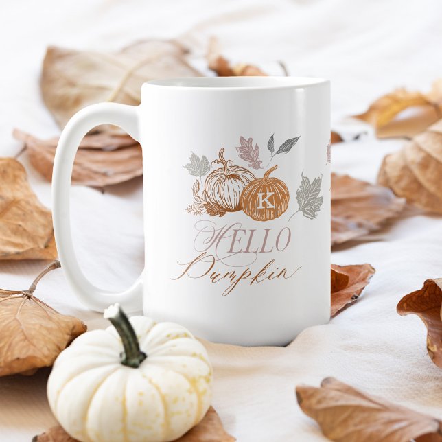 Hello Pumpkin Festive Autumn Fall Leaves Monogram Coffee Mug (Hello Pumpkin Festive Autumn Fall Leaves Monogram Coffee Mug)