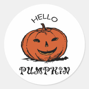 Hello pumpkin jack-o-lantern illustration, Black Classic Round Sticker