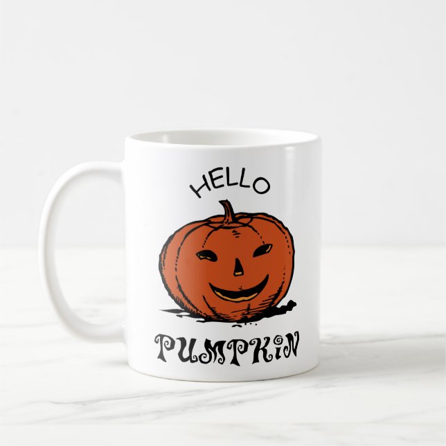 Hello pumpkin jack-o-lantern illustration, Black Coffee Mug (Left)