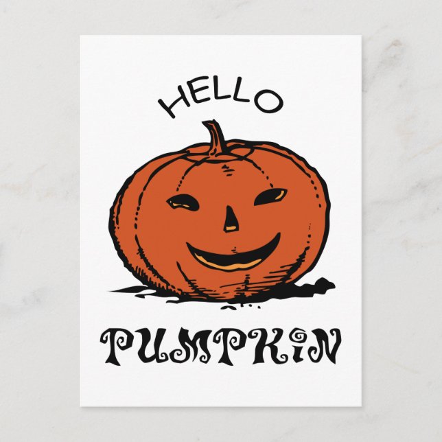 Hello pumpkin jack-o-lantern illustration, Black Postcard (Front)