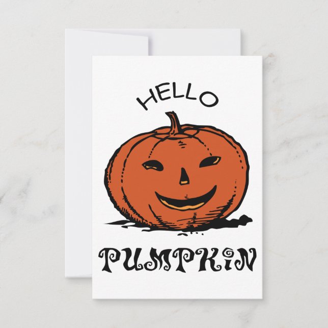 Hello pumpkin jack-o-lantern illustration, Black Thank You Card (Front)