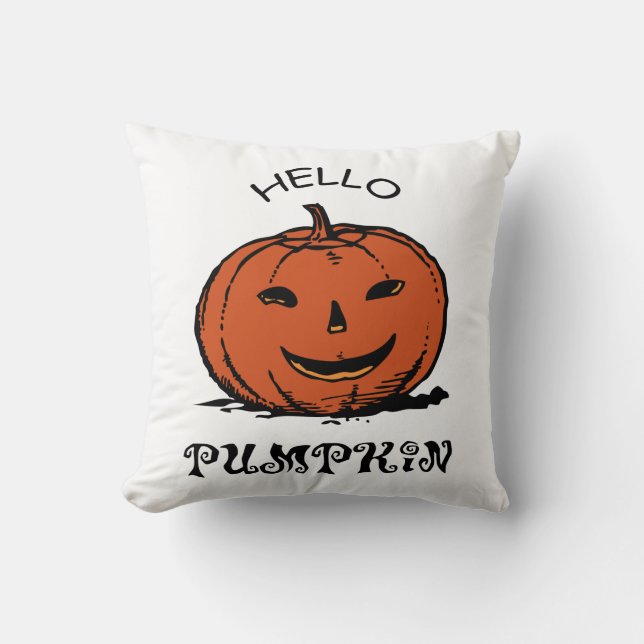 Hello pumpkin jack-o-lantern illustration, Black Throw Pillow (Front)