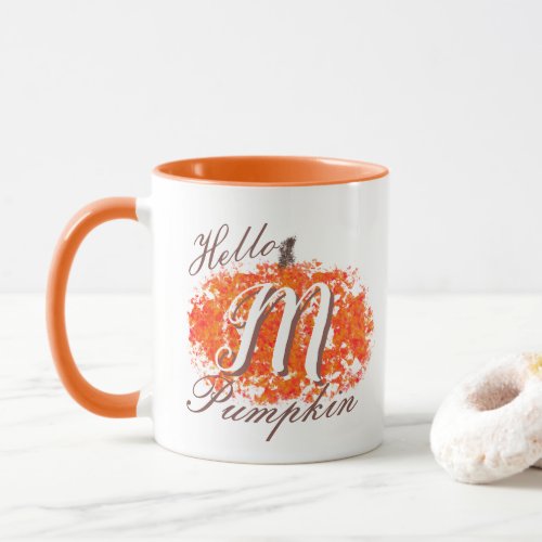 Hello Pumpkin Monogram Abstract Fall Leaves Mug