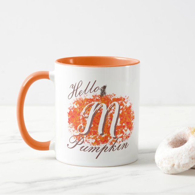 Hello Pumpkin Monogram Abstract Fall Leaves Mug (With Donut)