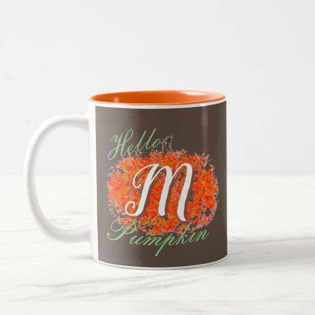 Hello Pumpkin Monogramed Pumpkin Two-Tone Coffee Mug (Left)