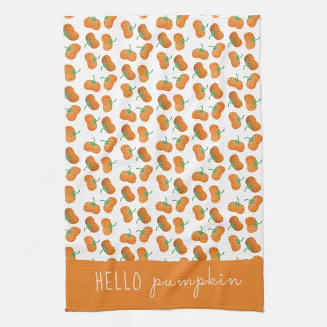 Hello Pumpkin Pattern Fall Orange Green Kitchen Towel (Vertical)