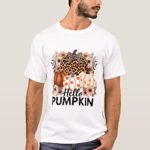 Hello Pumpkin Png, Boho Floral Fall Leopard T-Shirt