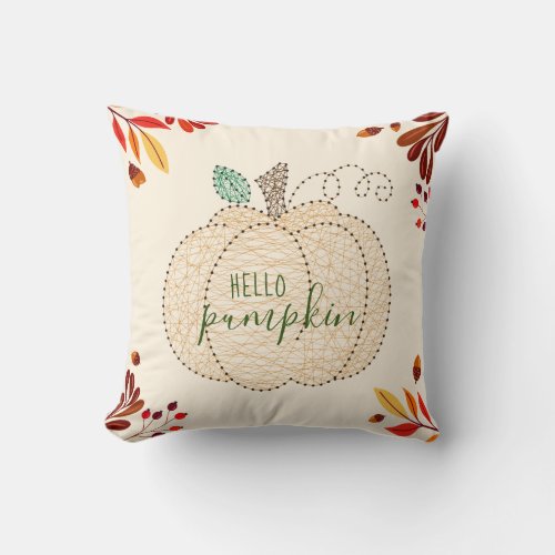 Hello Pumpkin Quote Fall Leaves Throw Pillow