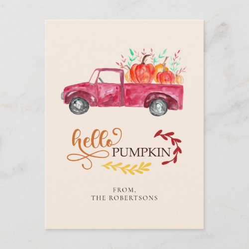 Hello Pumpkin Red Pickup Truck Fall Autumn Postcard
