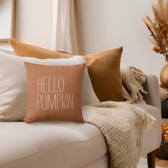 Hello Pumpkin Salted Caramel & Beige Thanksgiving Throw Pillow (Creator Uploaded)