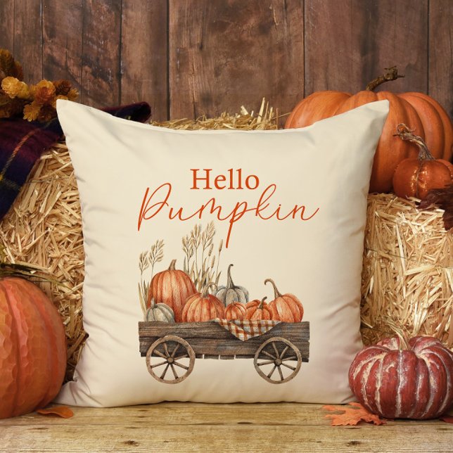 Hello Pumpkin Vintage Pumpkin Carts Throw Pillow (Creator Uploaded)