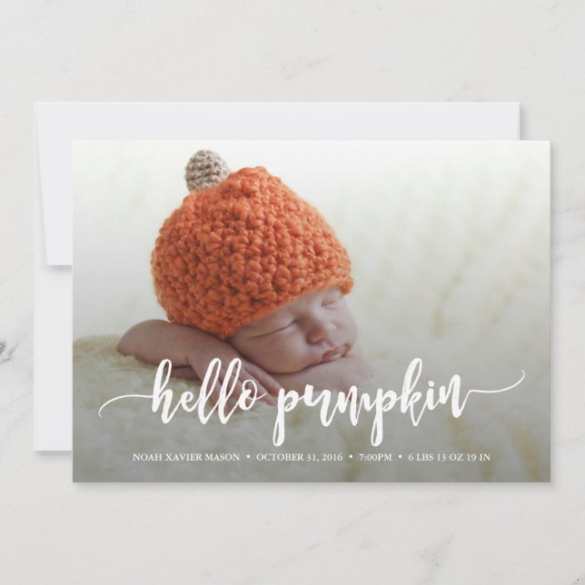 Hello Pumpkin White Script Birth Announcement (Front)