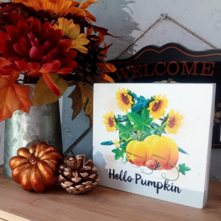 Hello Pumpkin With Yellow Sunflowers Fall Season  Wooden Box Sign