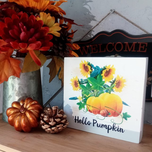 Hello Pumpkin with Yellow Sunflowers Fall Season  Wooden Box Sign (Creator Uploaded)