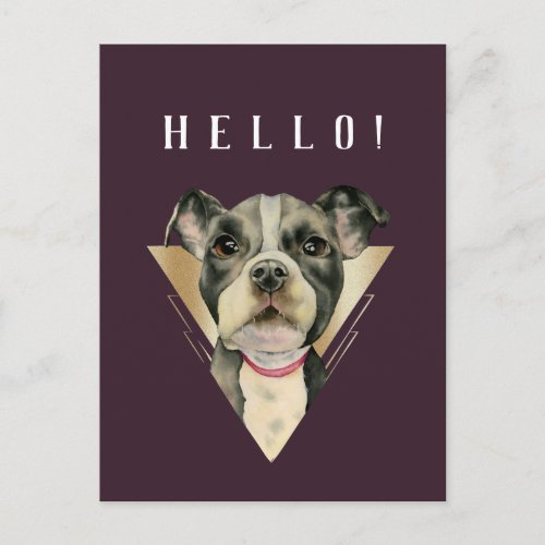 HELLO Purple Gold Pitbull Puppy Watercolor Postcard