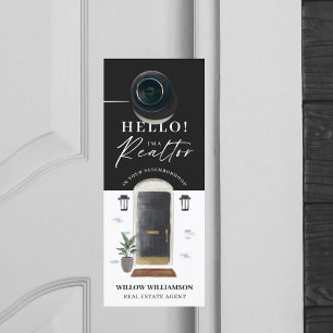 Hello! Real Estate Agent Black Watercolor Front Door Hanger