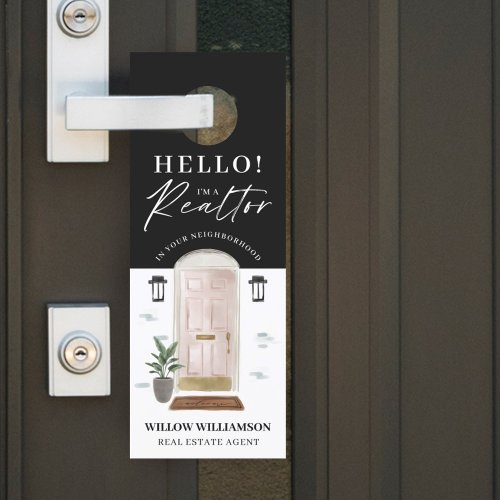 Hello Real Estate Agent Pink Watercolor Front Door Hanger