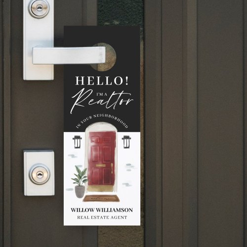 Hello Real Estate Agent Red Watercolor Front Door Door Hanger