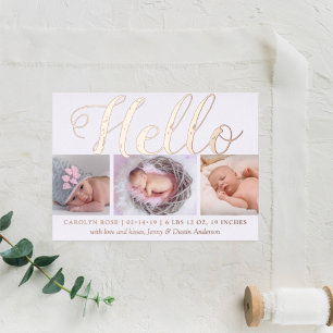 "Hello" Real Foil 3 Photo Birth Announcement