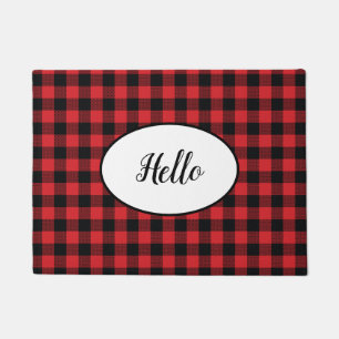 Hello Red Black Buffalo Check Plaid Doormat