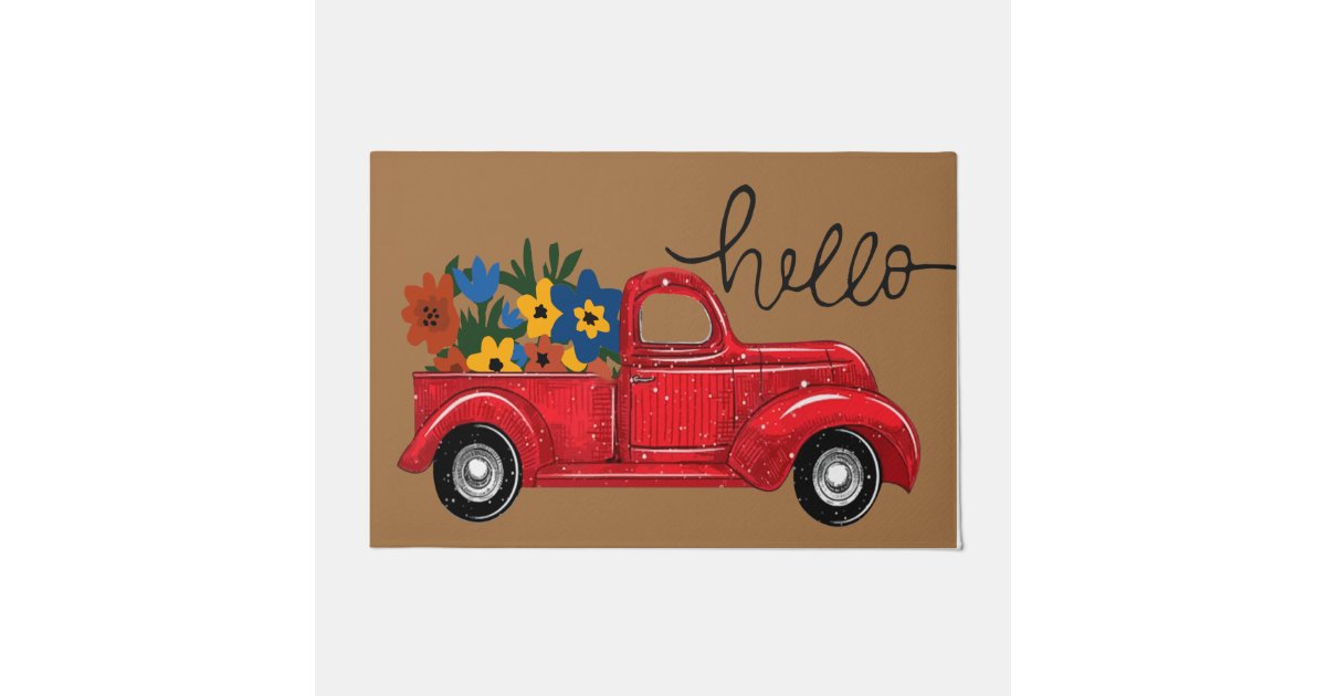 Hello Red Truck And Flower Mat, Retro Doormat Zazzle