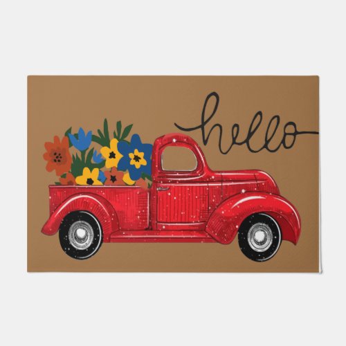Hello Red Truck And Flower Mat Retro  Doormat