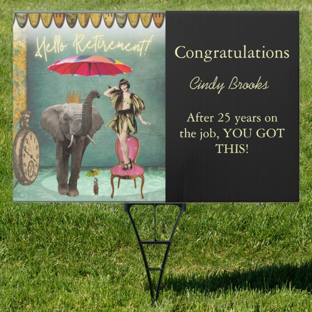 Hello Retirement Fun and Funky Personalized Party  Sign (Insitu)