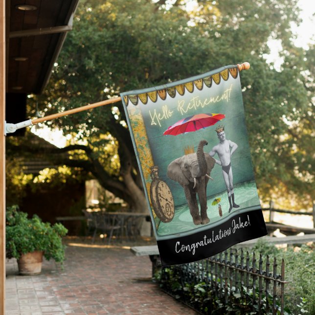 Hello Retirement Vintage Strongman House Flag (In SItu)