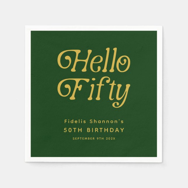 Hello Retro Green and Gold 50th Birthday Party Napkins (Front)