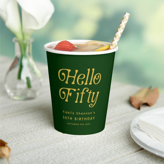 Hello Retro Green and Gold 50th Birthday Party  Paper Cups (Insitu)
