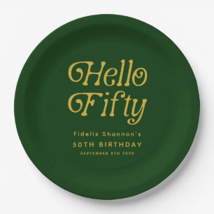 Hello Retro Green and Gold 50th Birthday Party Paper Plates